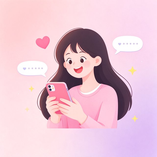 Saylo 产品介绍插画：女孩捧着手机开心聊天，身边环绕爱心与聊天气泡